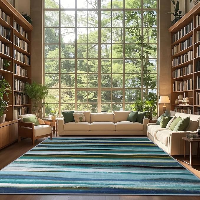 Abstract 4x6 Area Rug, Modern Stripe Teal Rugs for Entryway, Washable Soft Door Mat Non-Slip Floor Carpet for Dining Room Kitchen Bedroom - Teal/Multi