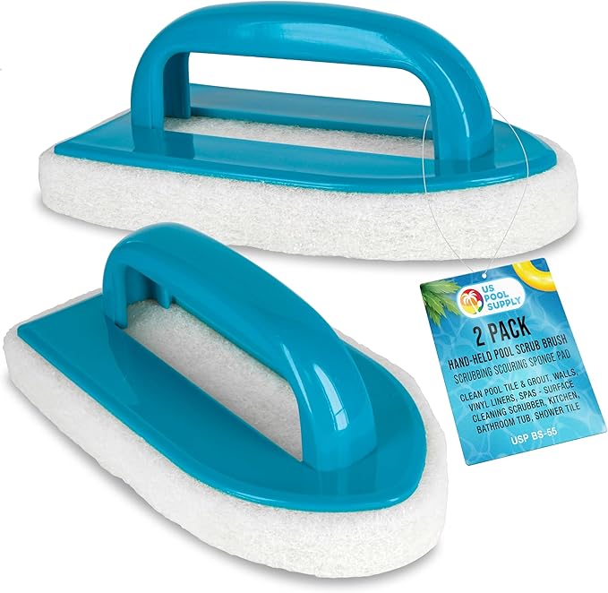 U.S. Pool Supply Hand-Held Pool Scrub Brush, 2 Pack - Surface Scrubbing Scouring Sponge Pad - Clean Pool Tile & Grout, Walls, Vinyl Liners, Spas - Cleaning Scrubber Stains, Kitchen Bathroom Tub Shower