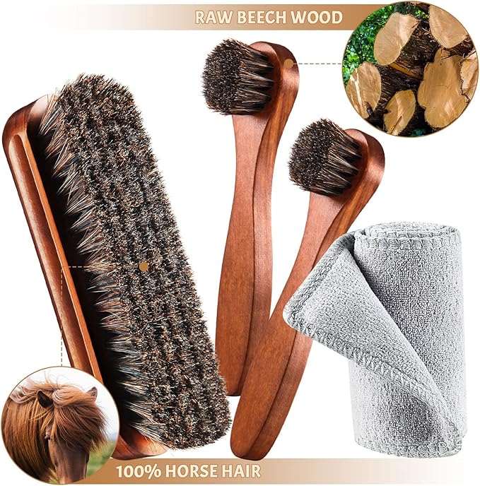 4 Pcs Horsehair Shoe Brush Kit Polishing Daubers Applicators Leather Care Brushes Shine Cleaning Cloth with Bag(Shoe Brush Set E)