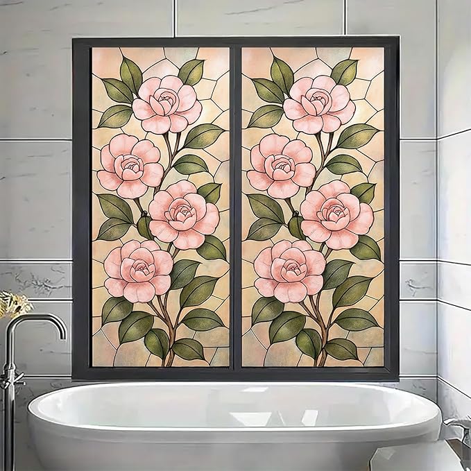 Pink Camellia Privacy Film Stained Glass Style Static Cling No Glue Decorative Panel Light Filtering Cover for Bedroom Door Vanity Entryway 17.7x39.3 inch