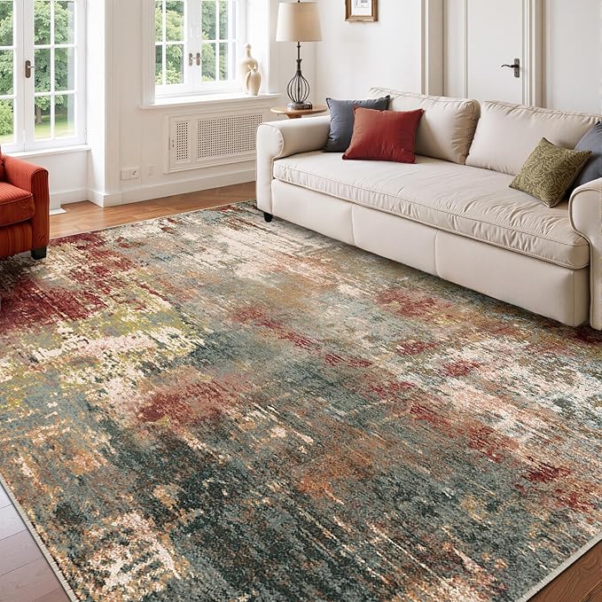 RELEANY Washable Area Rugs 7'x9' Non-Slip Modern Abstract Soft for Living Room Entryway Bedroom Nursery, Print Pattern, Brown Rust Red Green Blue Multi