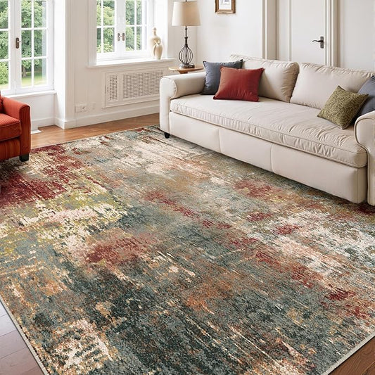 RELEANY Washable Area Rugs 6'x9' Non-Slip Modern Abstract Soft for Living Room Entryway Bedroom Nursery, Print Pattern, Brown Rust Red Green Blue Multi