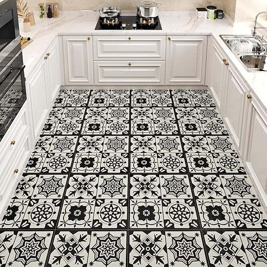 Wallercity Black Boho Peel and Stick Floor Tiles Waterproof 6PCS Vintage Floral Vinyl Flooring Tiles for Bedroom Vinyl Self Adhesive Non-Slip Stick on Tile for Bathroom Kitchen Shower Tile 12x12 Inch