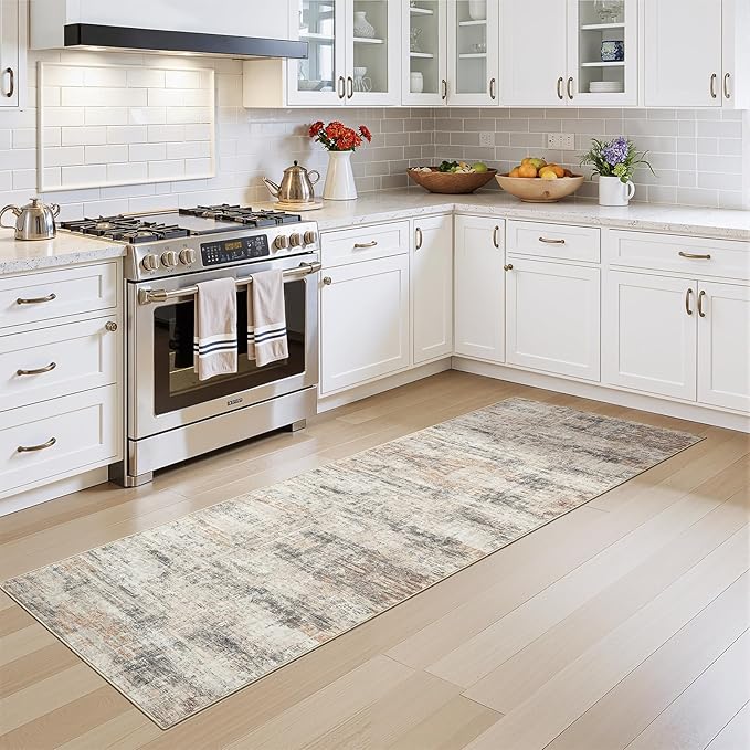 Lofus 2X 8 Area Rug for Hallways, Gold Abstract Washable Runner Rugs with Non Slip Rubber Backing, Low Pile Soft Carpet Runner for Kitchen Bathroom Bedroom Laundry