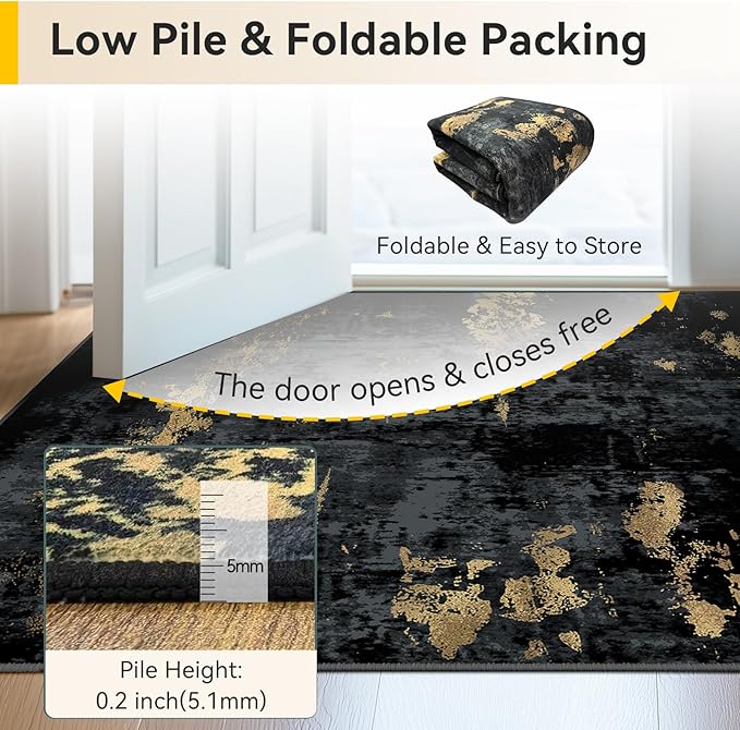 RELEANY Washable Area Rugs 3x6 Non-Slip Modern Abstract Soft for Living Room Entryway Bedroom Nursery, Print Pattern, Dark Black Gold