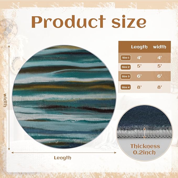 Round 6ft Abstract Rug, Modern Washable Indoor Circle Area Rugs for Living Room, Soft Large Circular Non-Slip Carpet Floor Mat for Bedroom Dining Room Home Office - Stripe Teal