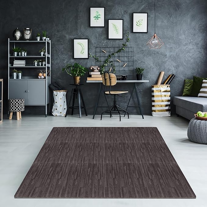 Sorbus Wood Grain Floor Mats Foam Interlocking Mats Each Tile 1 Square Foot 3/8-Inch Thick Flooring Mat Tiles - Home Office Playroom Basement Trade Show (16 Tiles,16 Sq ft, Wood Grain - Carbon)