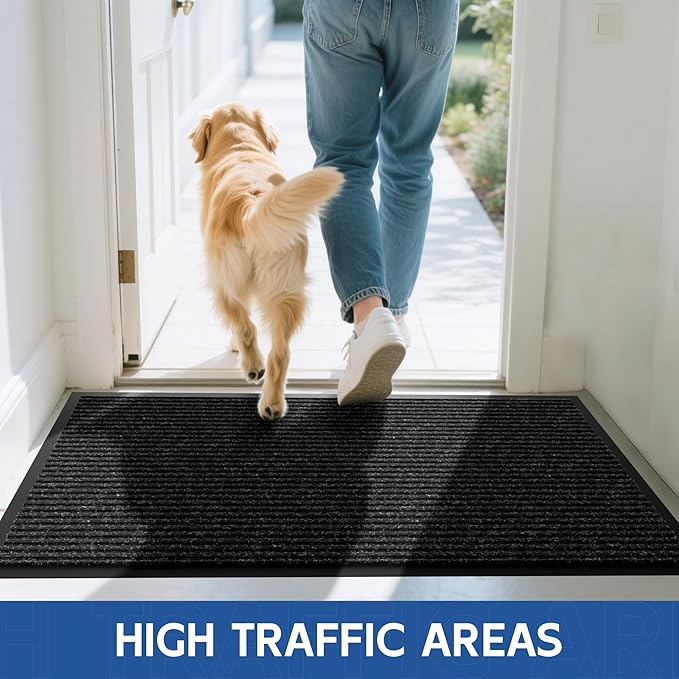 Front Door Mat, 8' x 4' Heavy Duty Indoor Outdoor Door Mat Entrance, Commercial Welcome Mats, Stain and Fade Resistant, Durable Rubber Backing, Low Profile Entry Mat for Patio, Black Stripe
