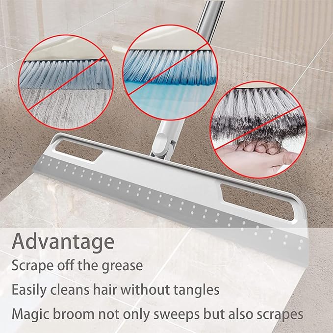 Multifunction Rubber Air Broom, Silicone Floor Squeegee with 56" Long Handle, Rubber Sweeper, Air Broom for Floor Bathroom Kitchen Shower Tile Pet Hair Fur Marble Glass Water Window Foam Clean (Grey)