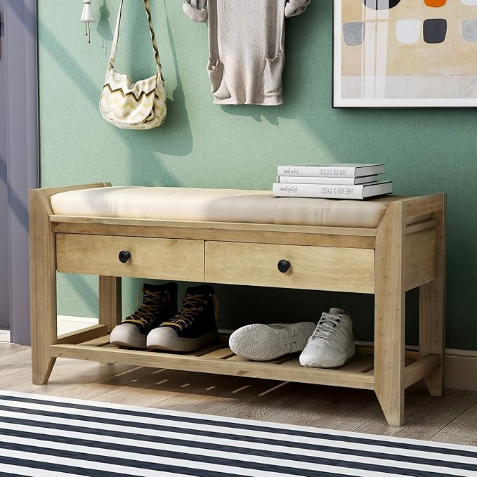 Knocbel Entry Storage Bench Shoes Rack with Cushioned Seat, 2 Drawers & Slatted Shelf, Living Room Entryway Hallway Foyer Shoe Bench Bedroom End of Bed Bench (Gray Wash)