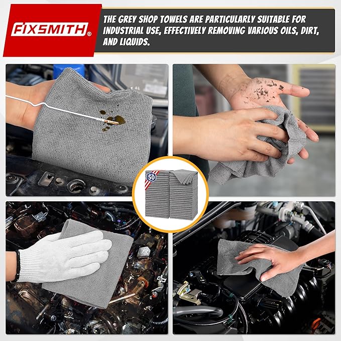 FIXSMITH Shop Towels, Pack of 200, Grey Microfiber Cleaning Cloth Bulk, Microfiber Towels for Cars, All-Purpose Absorbent Cleaning Rags, Dust Cloth for Automotive, Mechanic, Garage, 11.5 x 11.5 inch