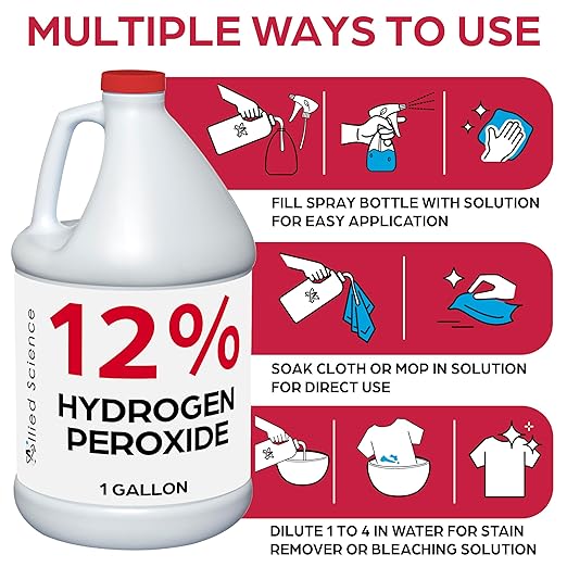 Allied Science 12% Food Grade Hydrogen Peroxide, 4X Stronger, Dilute and Use for Personal Care, Home, Kitchen, Bath, Carpet, Water Cleaner, Plant Treatment, 1 Gallon (3)