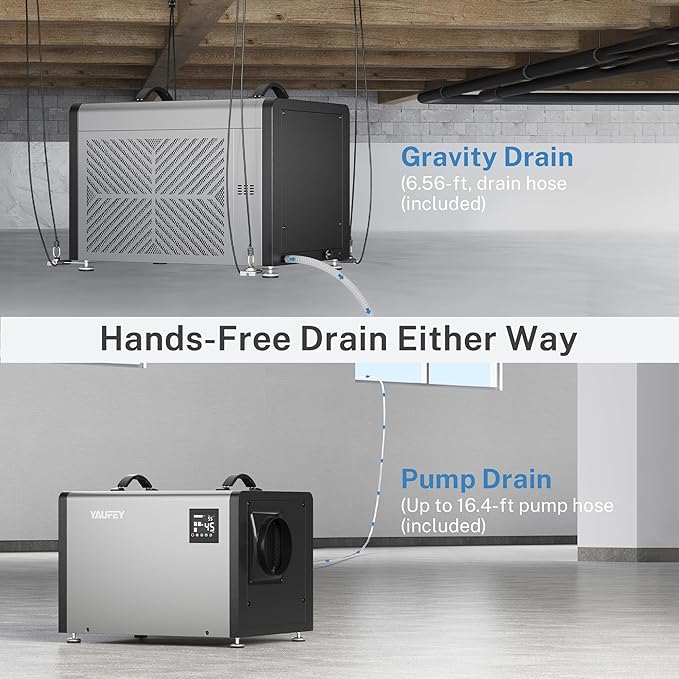Yaufey 125 Pints Commercial Dehumidifier with Pump for Crawl Space, Basement, Industrial Area, 6500 Sq.Ft., 10-98% RH Humidity Control, 7/24 Running Continuous Drainage, TUV Certified, 5-Yr Coverage