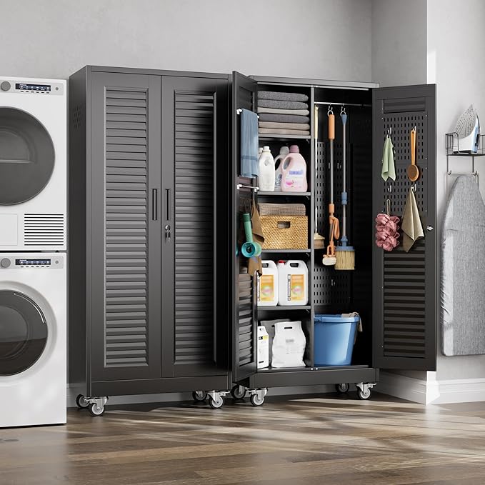 Reemoon Mop and Broom Closet Storage Cabinet with Wheels and Pegboard,Metal Garage Storage Cabinet with Doors and Adjustable Shelves for Garage Home,Required Assembly,Black