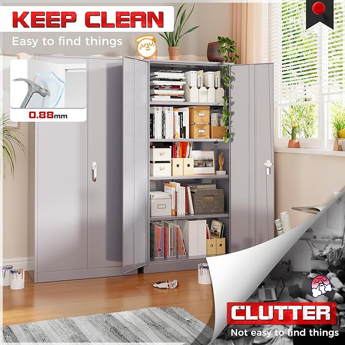 Bonusall 72" Metal Garage Storage Cabinet， Heavy-Duty Steel Cabinet with 2 Locking Doors & 5 Adjustable Shelves for Home