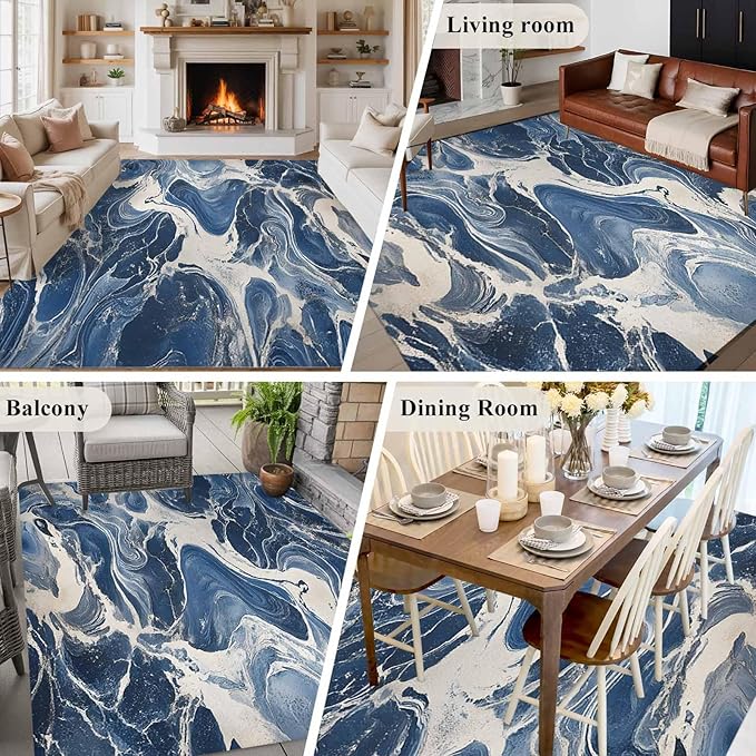 Impressionist Style 6'x9' Large Area Rugs, White Blue Blurred Wash Washable Area Rugs Non-Slip Indoor Floor Mats Large Carpet for Living Room Bedroom Dining Room