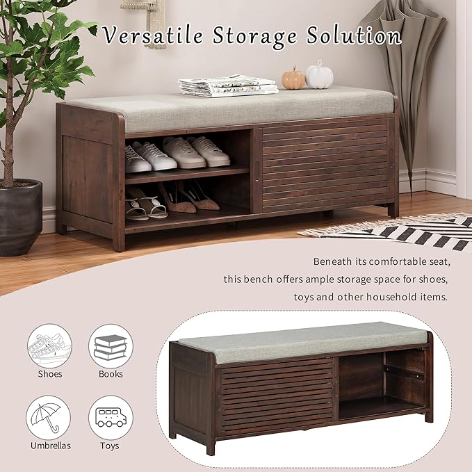 Knocbel Entryway Storage Bench with Sliding Doors and 1 Shelf, Living Room Entrance Hallway Foyer Shoe Bench Bedroom End of Bed Bench, 220lbs Weight Capacity (Espresso 2-Door)