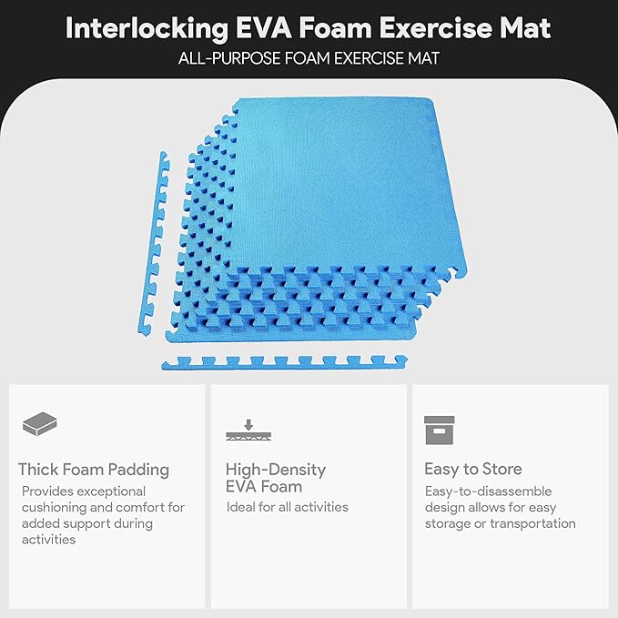 BalanceFrom Puzzle Exercise Mat with EVA Foam Interlocking Tiles for MMA, Exercise, Gymnastics and Home Gym Protective Flooring, 1/2" Thick, 24 Square Feet, Blue