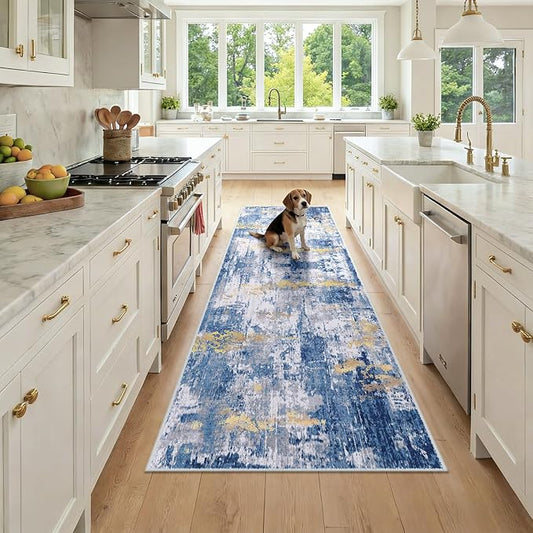 RELEANY Washable Area Rugs 2'6''x8 Non-Slip Modern Abstract Soft for Living Room Entryway Bedroom Nursery, Print Pattern, Grey Blue Gold/Golden