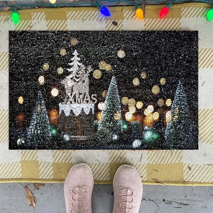 Xmas Tree Reindeer Christmas Door Mat, Xmas Rug Christmas Decorations, Non-Slip Reindeer Welcome Doormat for Front Door, Indoor Outdoor Holiday Rug for Home Kitchen Floor Christmas Decor 16 X 24 Inch