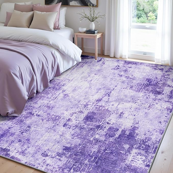 RELEANY Washable Area Rugs 7'x9' Non-Slip Modern Abstract Soft for Living Room Entryway Bedroom Nursery, Print Pattern, Purple Gray Pink White