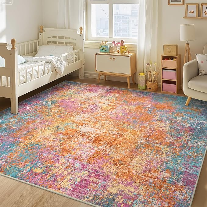 RELEANY Washable Area Rugs Square 8ft Non-Slip Modern Abstract Soft for Living Room Entryway Bedroom Nursery, Print Pattern, Orange Blue Pink Yellow Colorful