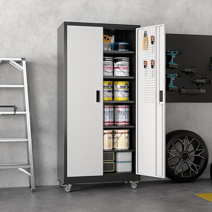 Reemoon Garage Storage Cabinet with Wheels, Lockable Metal Storage Cabinet with 5 Adjustable Shelves for Garage Warehouse Office Utility Room,Required Assembly,Black and Silver，71" H×32" W×16" D