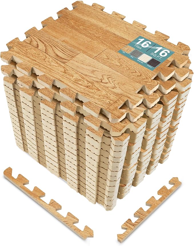 Sorbus Wood Grain Floor Mats Foam Interlocking Mats Each Tile 1 Square Foot 3/8-Inch Thick Flooring Wood Mat Tiles - Home Office Playroom Basement Trade Show (16 Tiles,16 Sq ft, Wood Grain - Pine)