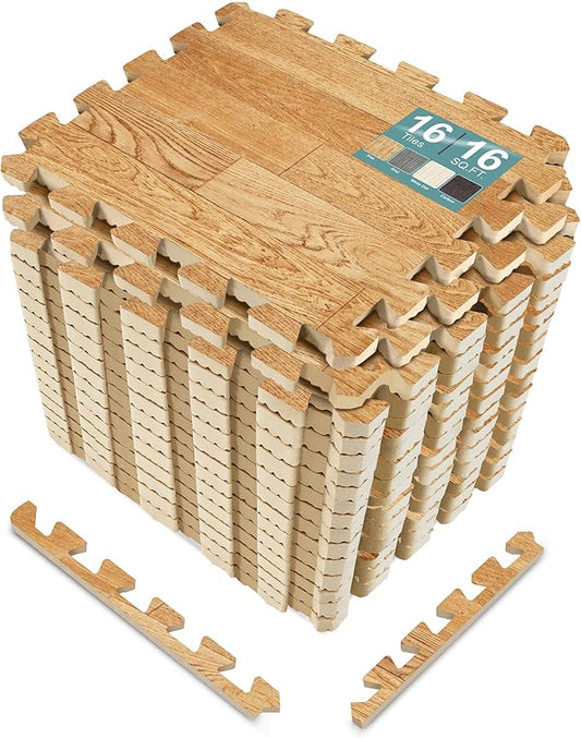 Sorbus Wood Grain Floor Mats Foam Interlocking Mats Each Tile 1 Square Foot 3/8-Inch Thick Flooring Wood Mat Tiles - Home Office Playroom Basement Trade Show (16 Tiles,16 Sq ft, Wood Grain - Pine)