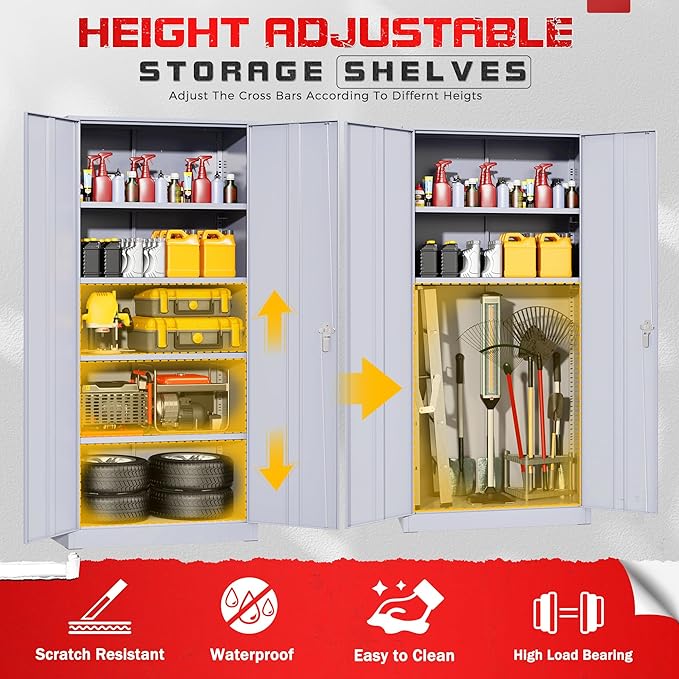 Bonusall 72" Metal Garage Storage Cabinet， Heavy-Duty Steel Cabinet with 2 Locking Doors & 5 Adjustable Shelves for Home