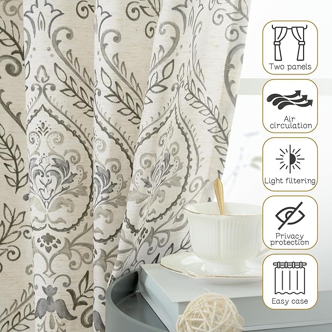 LAMIT Linen Curtains for Living Room 80 inches Long, Medallion Drapes for Bedroom, Printed Linen Curtains Grommet Light Filtering Vintage Damask Pattern Curtain Panels, 2 Panels, 52 x 80 Inch, Grey