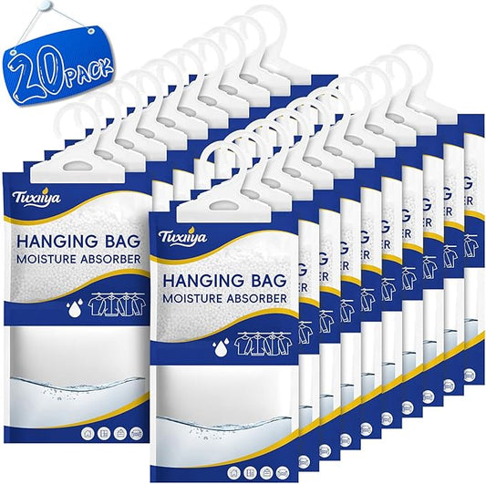 TUXIYA 20 Pack Moisture Absorbers Packets,Hanging Closet Dehumidifier Bags,Humidity Packs, Desiccant,Moisture Absorbing Bags for Closet,Wardrobes,Bedrooms, Bathrooms(Net Wt. 230g/Pack)