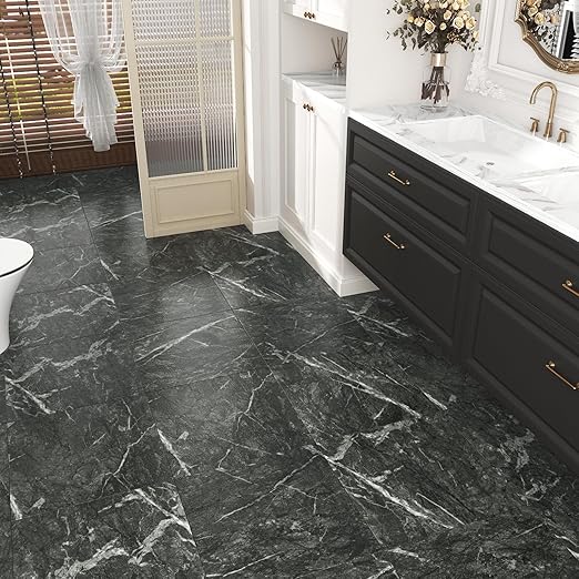 Wallercity 5PCS Black Marble Vinyl Flooring Peel and Stick Floor Tiles for Bathroom Stick on Tile Floor Stickers Self-Adhesive Waterproof Non-Slip Flooring Tile Sheets for Balcony Kitchen 12''x12''