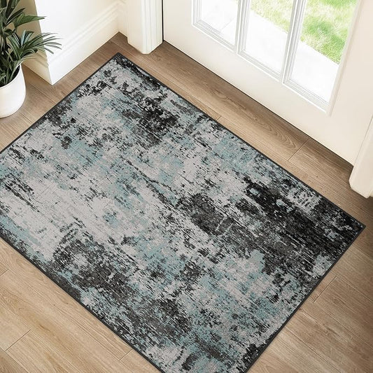 RELEANY Washable Area Rugs 2'x3' Non-Slip Modern Abstract Soft for Living Room Entryway Bedroom Nursery, Print Pattern, Blue Black Teal