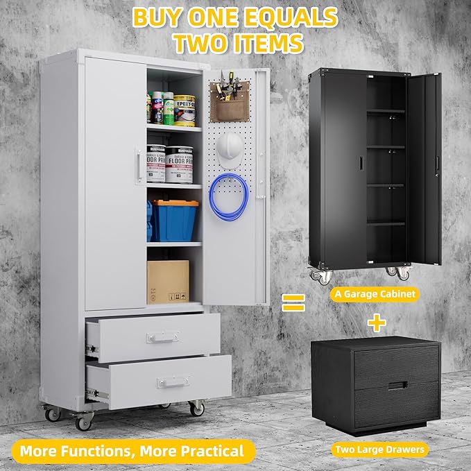 Reemoon Garage Storage Cabinet with 2 Drawers and Pegboard, Metal Storage Cabinet with 2 Lockable Doors for Garage Home Warehouse,Required Assembly,White,71.2" H*15.2" D*30" W