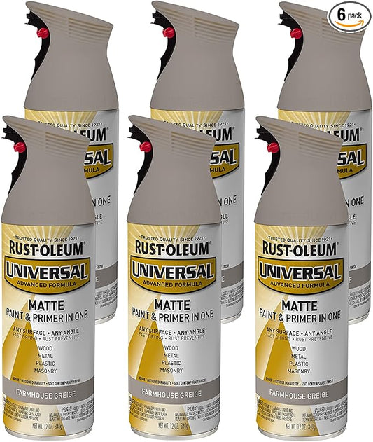 Rust-Oleum 376724-6PK Universal All Surface Spray Paint, 12 oz, Matte Farmhouse Greige, 6 Pack