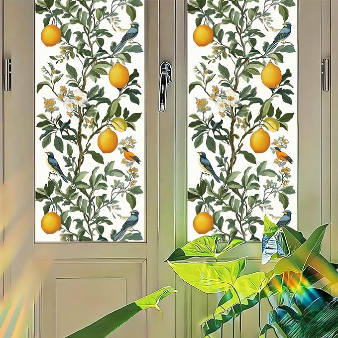 Lemon Bird Botanical Privacy Film Static Cling Decorative Glass Cover No Glue Light Filtering Window Panel for Kitchen Balcony Sunroom Door 17.7x39.3 inch