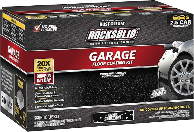 Rust-Oleum 318697 RockSolid Polycuramine Garage Floor Coating, 2.5 Car Kit, High Gloss Black