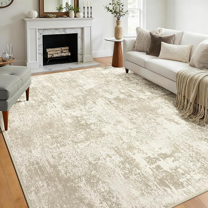 RELEANY Washable Area Rugs 9'x12' Non-Slip Modern Abstract Soft for Living Room Entryway Bedroom Nursery, Print Pattern, Beige Cream Brown
