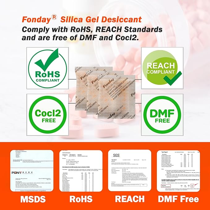 16Packs x 100Gram Fonday Rechargeable Silica Gel Desiccant Packets Fast Reactivate Desiccant Bags Moisture Indicating Orange to Green for Food Storage, Electronics, 3D Filament & Safes