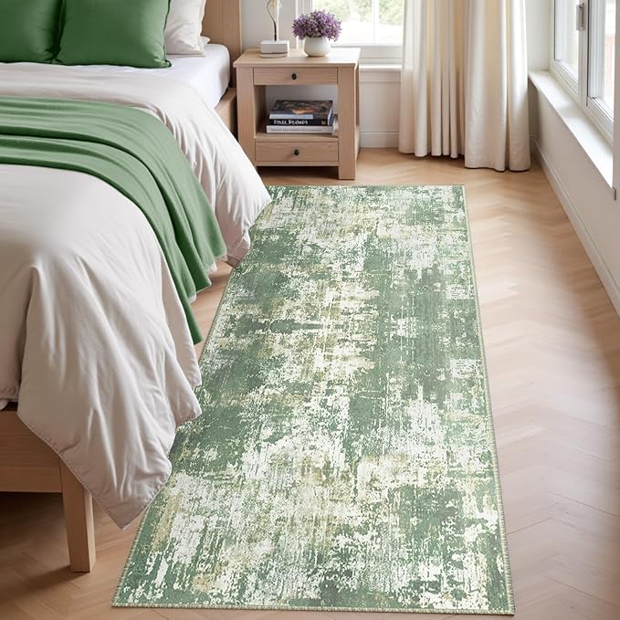 RELEANY Washable Area Rugs 2'x8' Non-Slip Modern Abstract Soft for Living Room Entryway Bedroom Nursery, Print Pattern, Light Green/Yellow