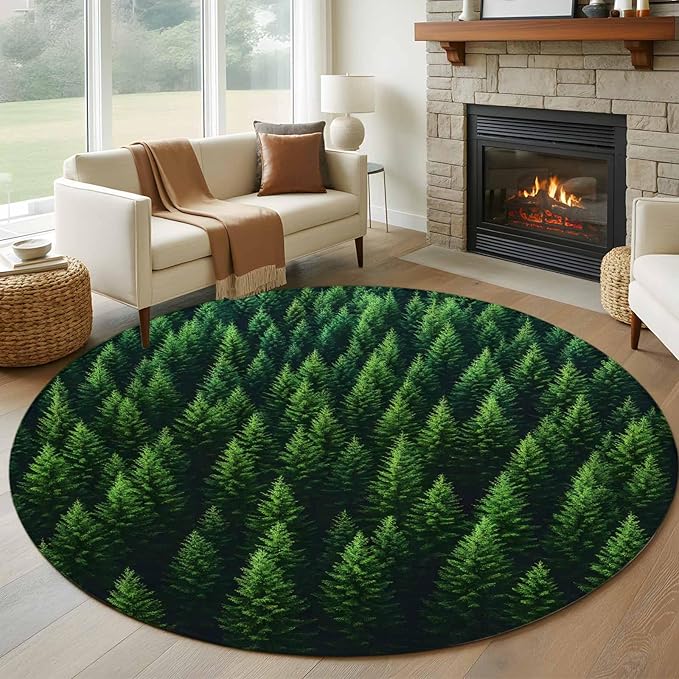 Green Forest Large Round Rug 7Ft, Pine Trees Forest Landscape Style Summer Circle Area Rugs Washable Non Slip Indoor Floor Mats Carpet for Living Room Bedroom Dining Room Home Decor