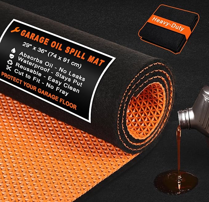 Golener Oil Spill Mat - Garage Floor Mat, Absorbent Oil Pad, Premium Maintenance Mat, Waterproof, Contain Liquid, Protect Floor from Spill & Stain, Reusable, Washable, Durable, 29”x36”, Black/Orange
