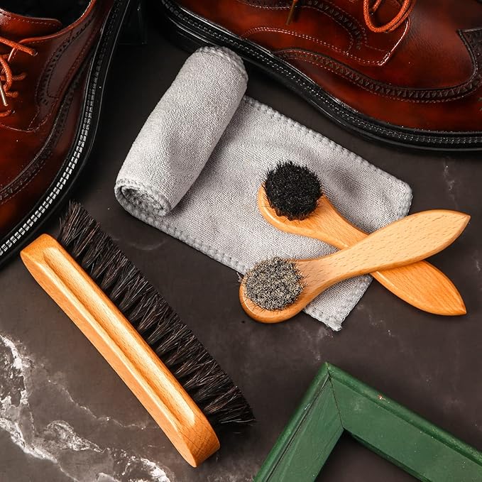 4 Pcs Horsehair Shoe Brush Kit Polishing Daubers Applicators Leather Care Brushes Shine Cleaning Cloth with Case(Shoe Brush Set F)