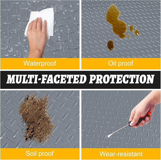 7.5x20 FT Garage Floor Mat, 2.8mm Thickened Flooring Roll Under Car Mat with 20Pcs Tapes, Diamond Plate, Non-Slip Floor Protector Mat for Trailer, Garage, Warehouse, Gyms, Trailer, Gray