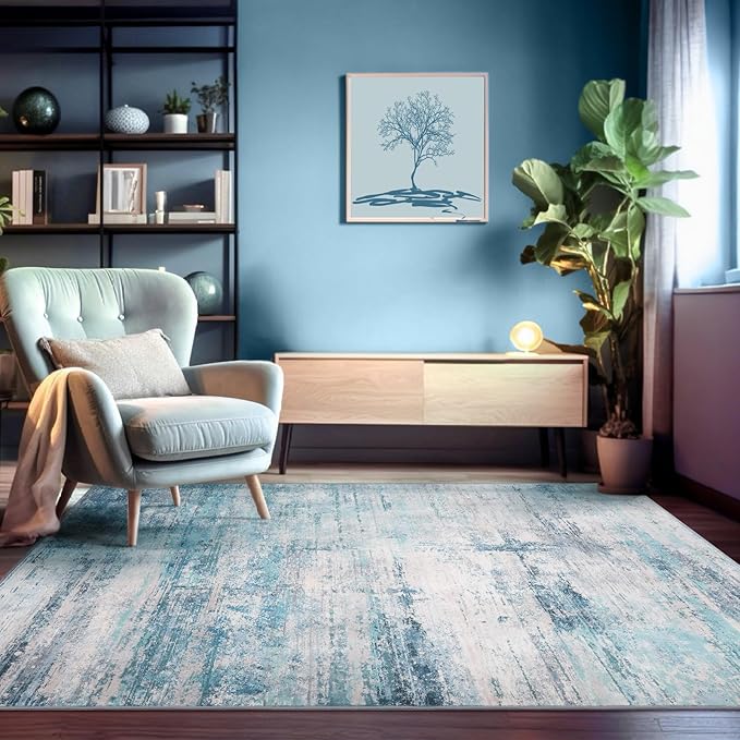 Abstract 5x8 Area Rug Washable Soft Large Non-Slip Carpet for Living Room Dining Room Home Office Bedroom - Abstract Teal/Grey