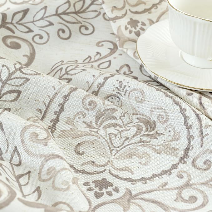 LAMIT Linen Curtains for Living Room with Damask Printed, Grommet Light Filtering Boho Vintage Floral Pattern Farmhouse Window Drapes for Bedroom/Country, Taupe, 2 Panels Each 52 x 95 Inch