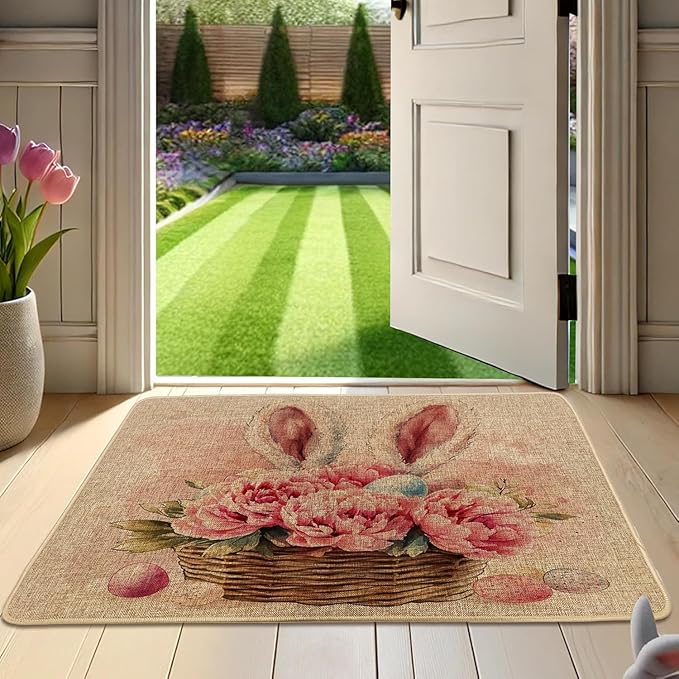 Easter Floral Peach Bunny Ears Doormat Non-Slip Dust Floor Seasonal Spring Summer Mats Best Gifts for Parents Family Classmate 16X24Inch