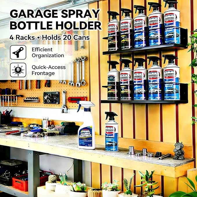 4 Pack Wall-Mounted Spray Bottle Holder, Heavy-Duty Steel Black Aerosol Can Storage Rack with 20 Holes, Spray Paint Can Organizer for Garage, Shop, Home, Tool Trailer & Service Truck