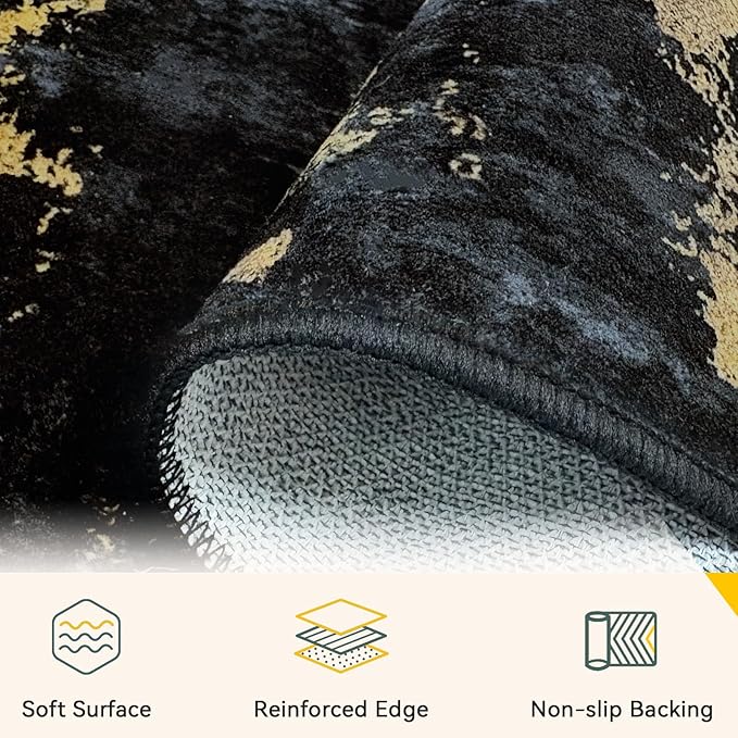 RELEANY Washable Area Rugs 10'x12' Non-Slip Modern Abstract Soft for Living Room Entryway Bedroom Nursery, Print Pattern, Dark Black Gold
